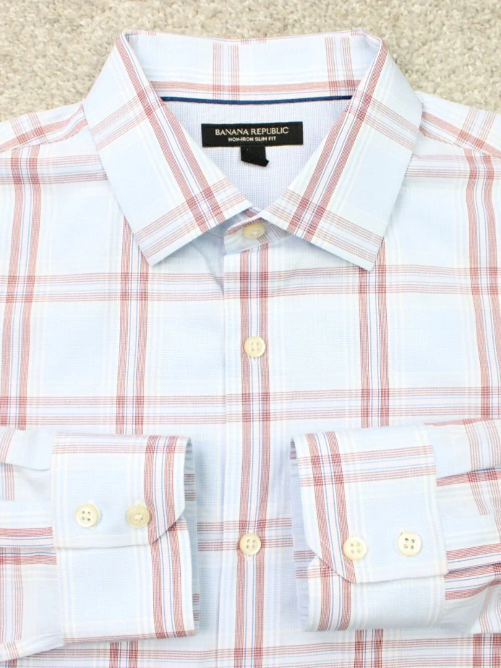 Banana Republic Shirt Mens Large Blue/Red Non-Iron Slim Fit Cotton Long Sleeve